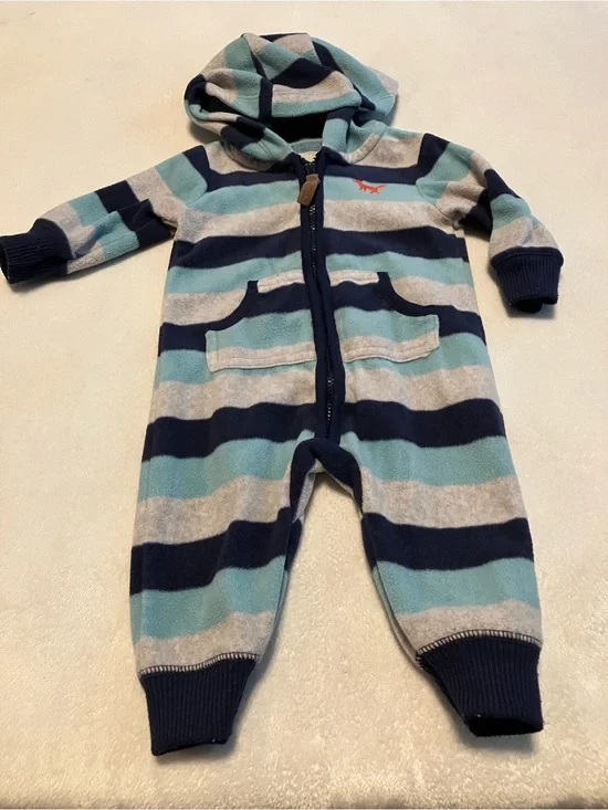 Striped Hooded One-Piece in Blue and Gray with Fox