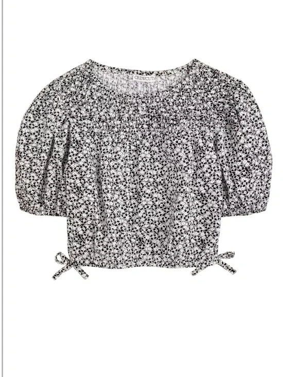 Crewcuts Little Girls Kids Black & White Floral Smocked Puff Sleeve Poplin Top S