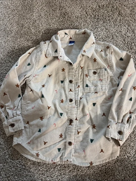 Old Navy Cream Corduroy Button-Down Shirt with Holiday Print