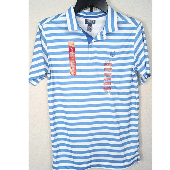 Chaps Polo Shirt Boys Size L 14/16 Azure Blue White Striped Performance NWT
