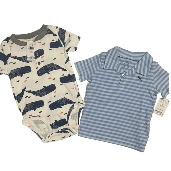 Carters NWT baby boys 24 months shirts whale onesie and blue/white stripe polo