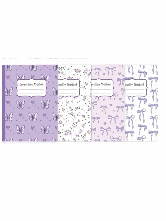 Purple Floral And Bow ~9.75” x ~7.5” Composition Notebooks - Set of 4 New