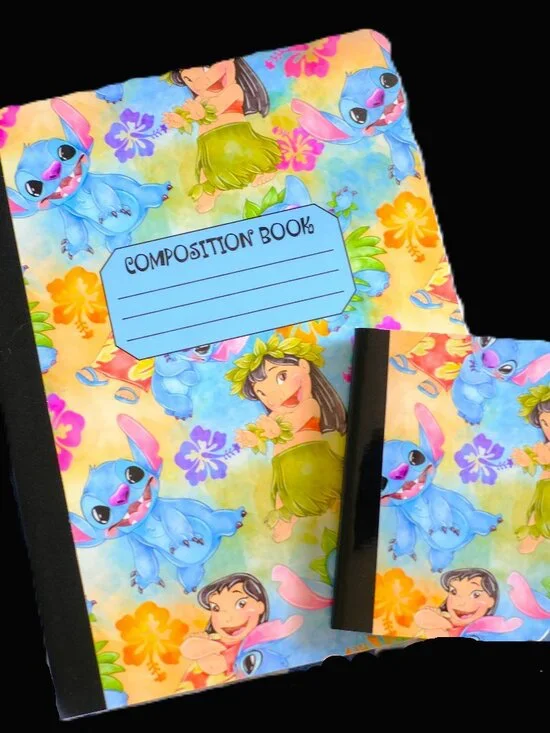 Custom Composition Book & Mini Notebook, Handmade, school, Lilo, Stitch, flowers