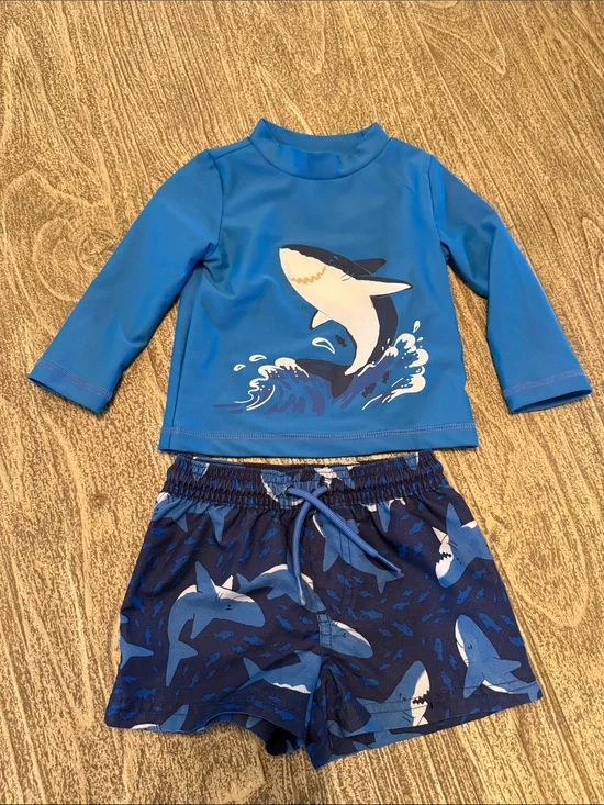 Carter’s Blue Shark Rash Guard Set for Kids - Long Sleeve Swim Top & Shorts