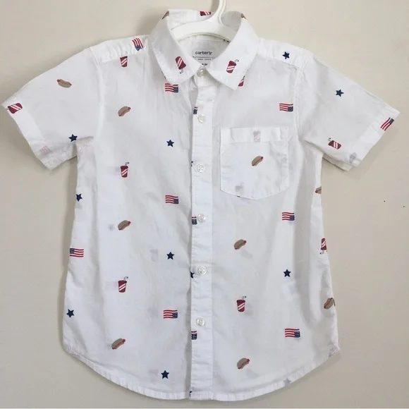 Carter's little boys white button up short sleeve shirt XS/4-5