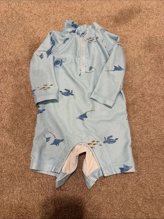 Carter's Light Blue Baby Swim Zip Romper with Brown Fish Print