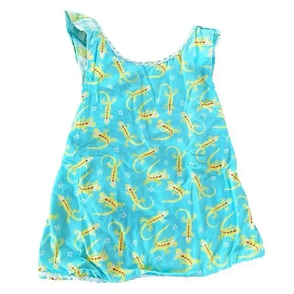 Handmade Little Girls Blue Cotton Crossover Tunic with Yellow Lizard Print Sz4-6