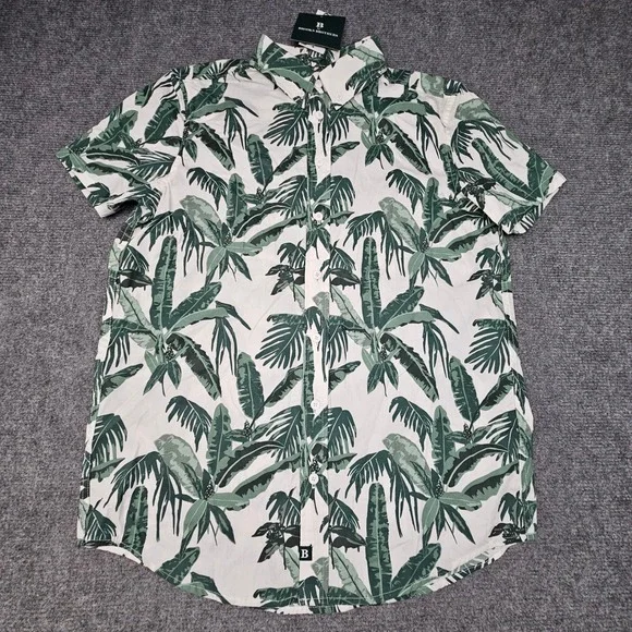 B Brooks Brothers Boys Shirt Tropical Palm Leaf Print Button Down White Green 14
