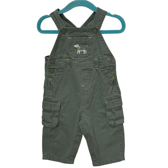 Carter’s Baby Boys Kids Green Dog Embroidered Cotton Overalls. 6 Months.