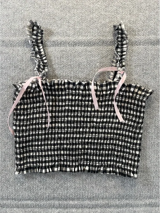 Coquette Gingham Crop Top Smocked Black White Plaid Pink Ribbon Bow Cami Tank