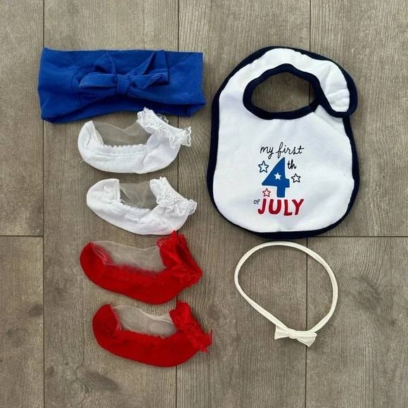 Baby girl first 4th of July accessory lot- bib, socks and headbands