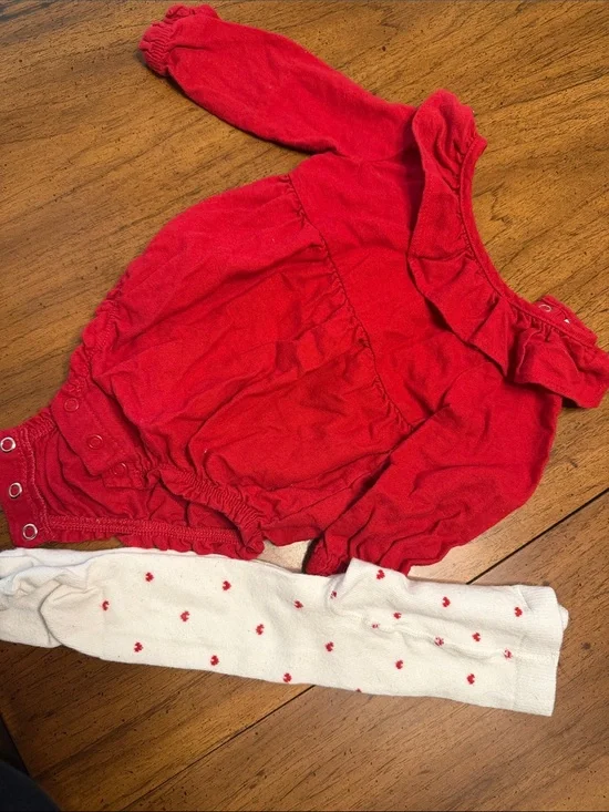 Carters Valentine’s day Red Baby Ruffle Neck Bodysuit with Heart Dot Tights 6M