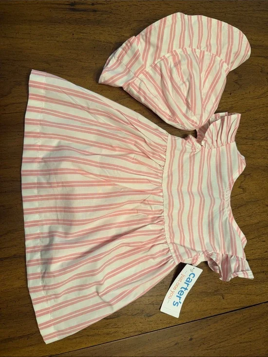 Carter's Pink and White Stripe Cotton Dress with Matching Hat 3M