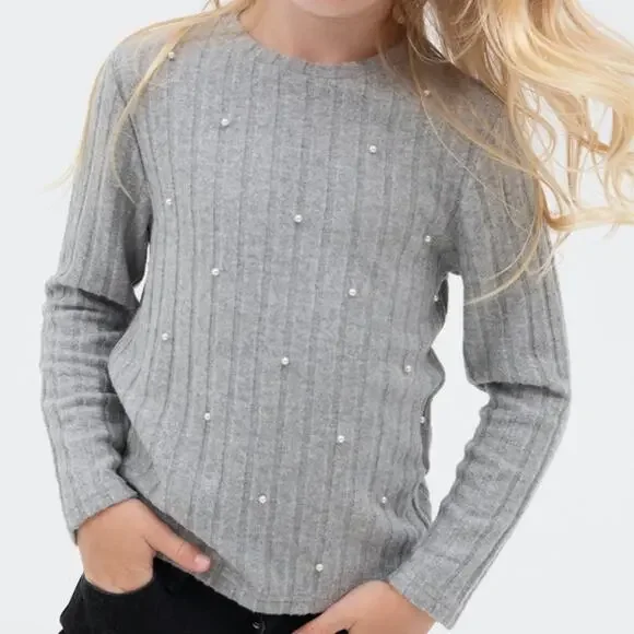 Zara girls pearl embellished gray rib Knit long sleeve crew neck top Size 7