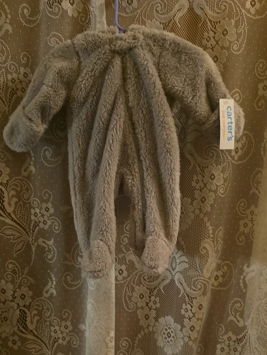 New Carter's Newborn Gray Fuzzy Plush Zip Front Warm One Piece Hooded Snow Suit