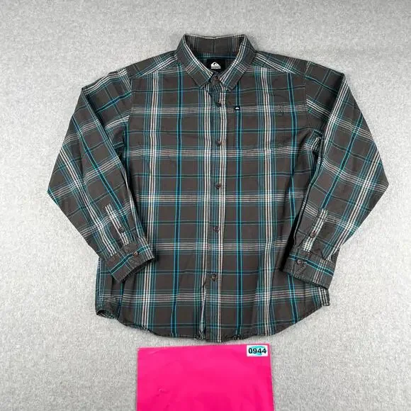 Quiksilver Shirt Youth Large Gray Blue Plaid Casual Pocket Beach Button Down