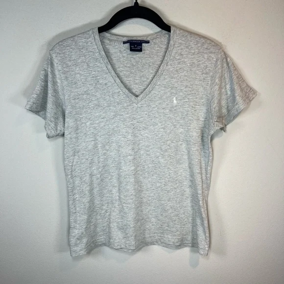 Ralph Lauren Sport V-Neck T-Shirt Heather Gray White Pony Logo Girls Size Medium