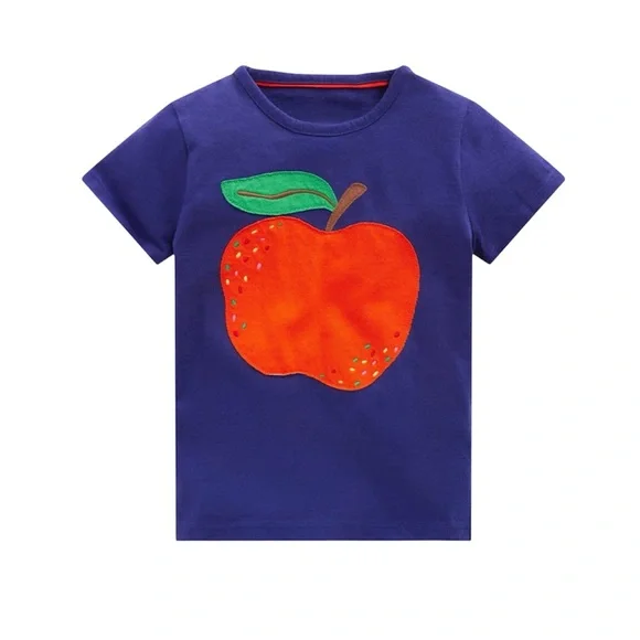 Mini Boden Blue Short Sleeve Apple Appliqué T-Shirt Girls Size 5-6 NWT