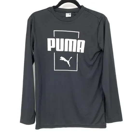 Puma Long Sleeve T-Shirt Boys Size L 14/16 Black White Logo Crew Neck