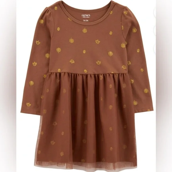 🔴 3/$12 Carter's Brown Long Sleeve Dress with Fall‎ Gold Accents! NWT!
