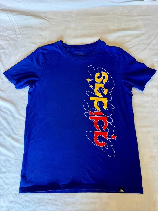 Blue Adidas Graphic Tee with Vertical Multicolor Logo