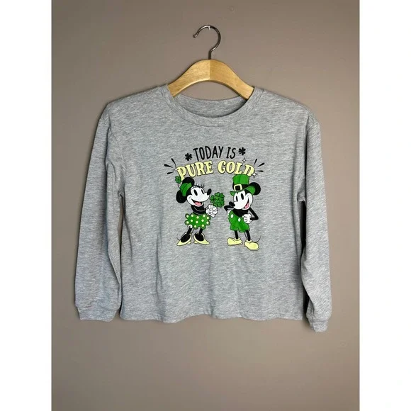 Disney Minnie Mouse Girls XL 14 St Patricks Day Long Sleeve Shirt Gray Gold