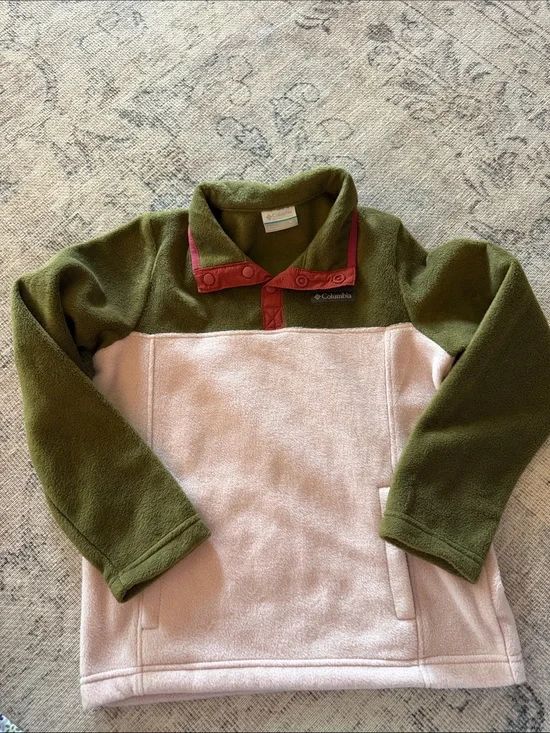 Columbia Kids Olive Green, Cream & Red Snap Fleece Pullover