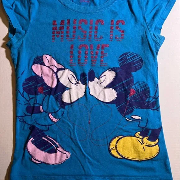 Disney Girls XL 14/16 Blue‎ Pink Minnie Mickey Mouse Music is Love Heart T-Shirt