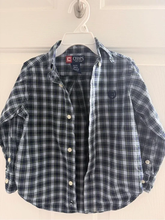 Chaps Navy, White & Green Plaid Button-Front Shirt