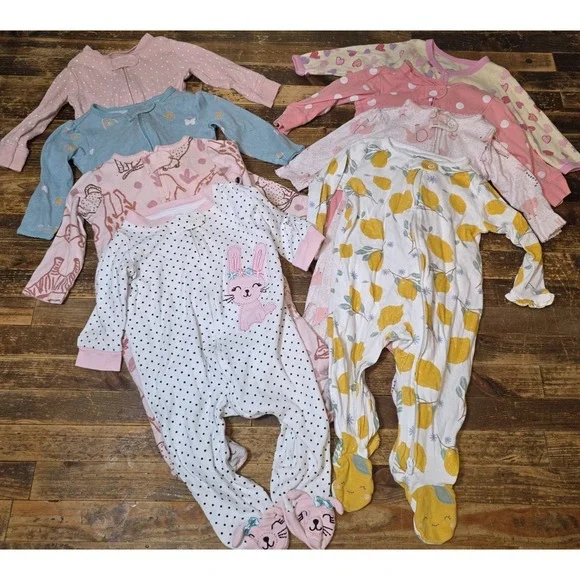 8 Baby Girl Size 6 mo Footed Zip Up One Piece Sleeper Pajama Lot  Bundle Infant