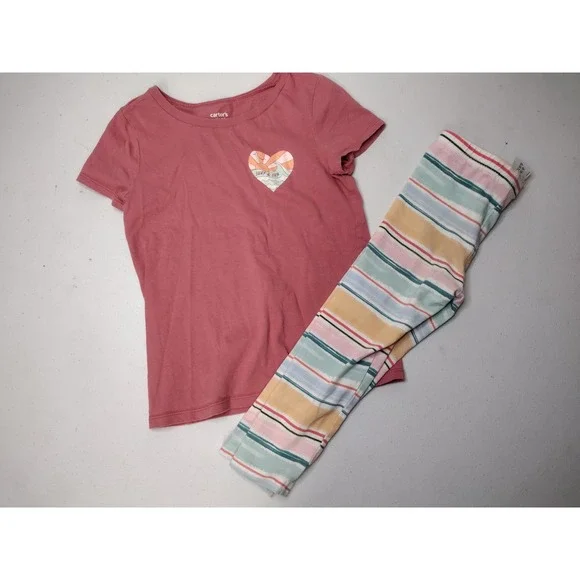 Carters Kid Girls Rose Pink Surf & Sun Graphic Tee and Striped Crop Leggings Set
