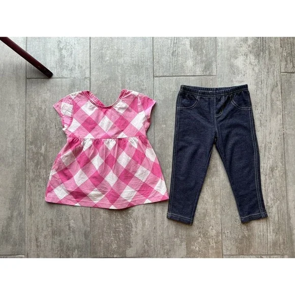 Baby Toddler Girl 2 Piece Outfit Set Sleeveless Top & Leggings Pink Plaid 24M 2T