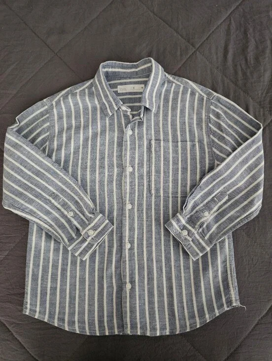 Zara Kids,  Linen Blend Blue and White Striped Button-Down Shirt, Size 6 Boys