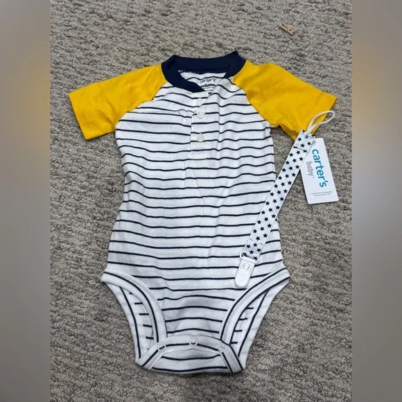 Carter's White Navy Striped One-Piece with Yellow Raglan Sleeves