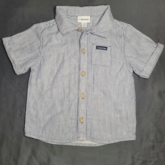 Calvin Klein Toddler Boy Blue & White Stripe Short Sleeve Linen Blend Shirt 24M