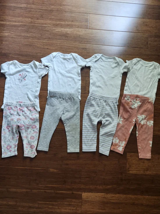 Baby Girls Set Of 4 Short Sleeve & Pants Outfits In Various Brands, 9-12 Months