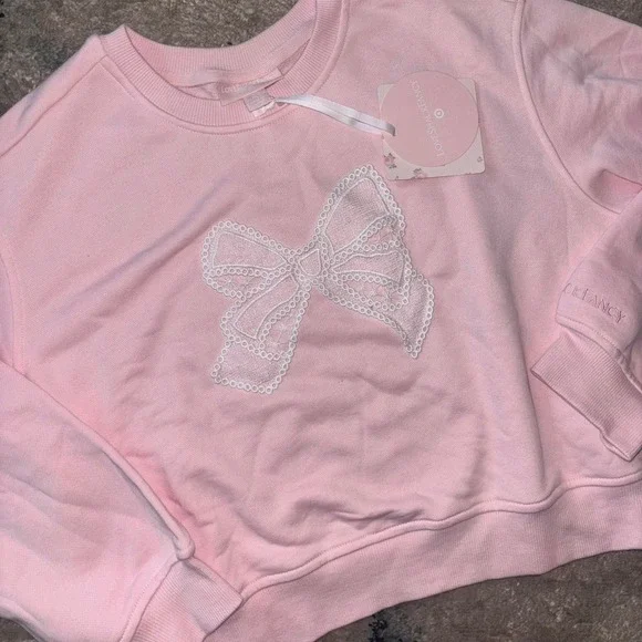 Youth xxl pink LoveShackFancy crewneck sweatshirt white lace bow