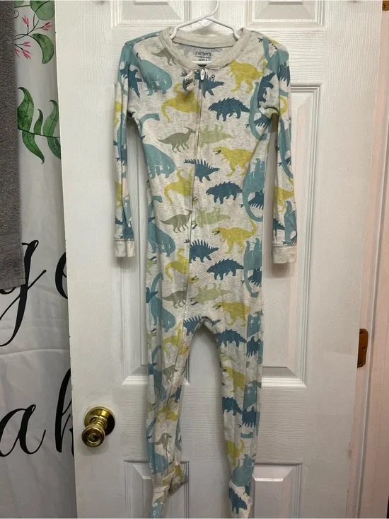 Carter's Light Blue & Green Dinosaur Footed One-Piece