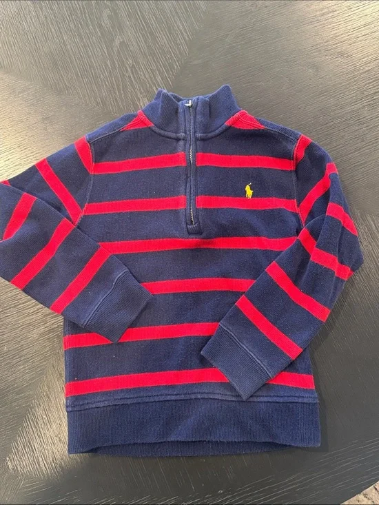 Ralph Lauren Navy and Red Striped Quarter-Zip Pullover Kids
