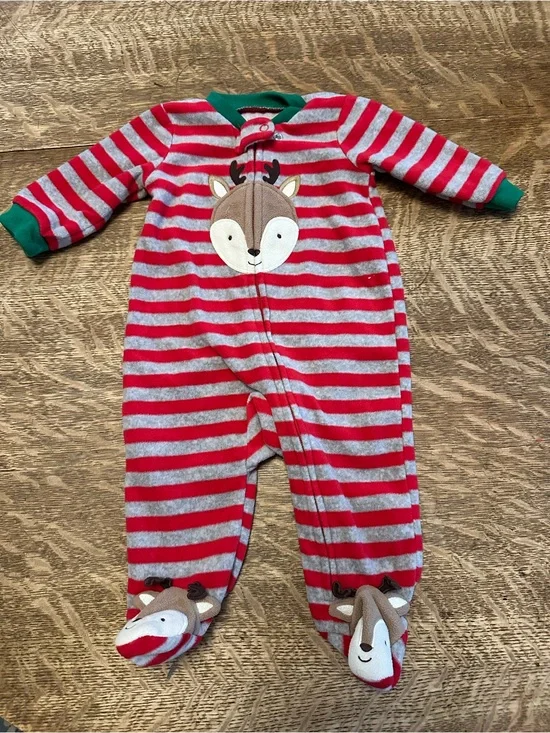 Carter’s Red & Gray Striped One-Piece Sleepsuit with Reindeer Applique