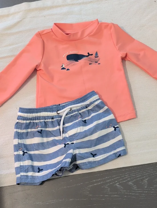 Kids Coral Long-Sleeve Rash Guard & Blue Stripe Swim Trunks Set