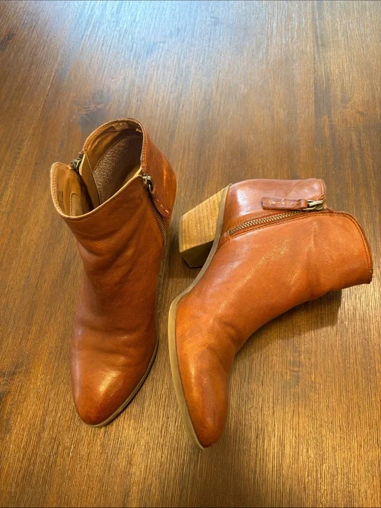 Frye Cognac Leather Ankle Booties with Stacked Heel