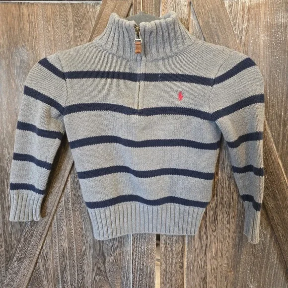 Polo‎ by Ralph Lauren Sweater Size 4T Gray & Navy Blue Stripes Mock Neck 1/4 Zip