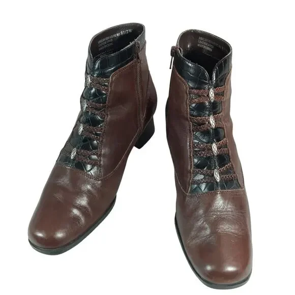 LONDON FOG! ESPRESSO BROWN GENUINE LEATHER, BLACK CROCO TRIM ANKLE BOOTS! 8.5W