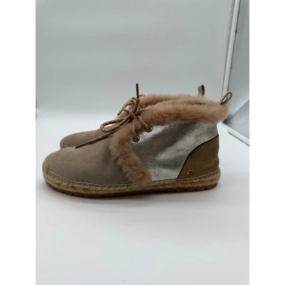 Coach G4799 Shearling Trim Suede Espadrille Lug Sole Ankle Boots Tan Silver 10B