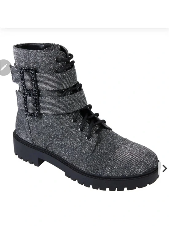 NEW Jessica Simpson Kerina Lace-Up Boots Pewter Silver Glitter Combat Moto 8.5