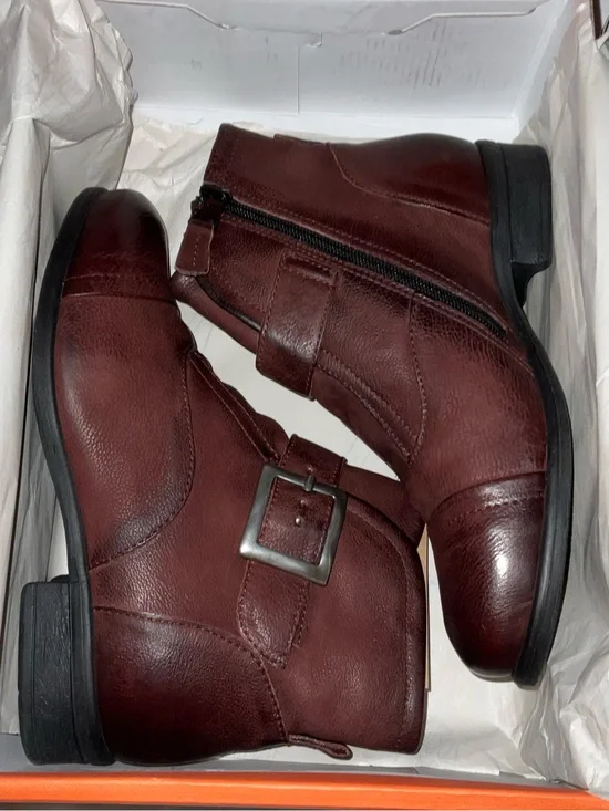Miz Mooz Burgundy Leather Ankle Booties with Side Zip & Buckle