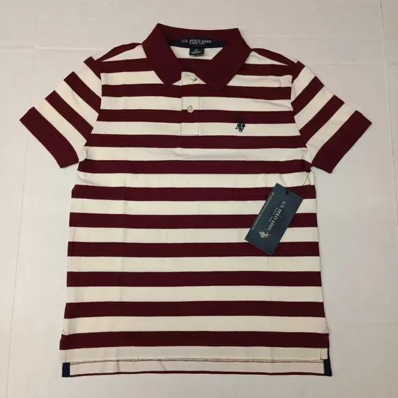 U.S. Polo‎ Assn. Boys Striped Jersey Polo Shirt M (8) Maroon Fall 100% Cotton