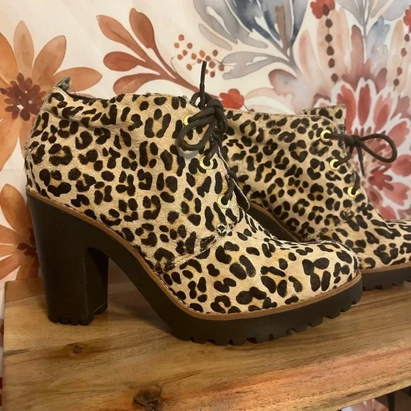 Sperry Princeton Womens 9M Leopard Leather Faux Fur Chunky Heel Fall Booties