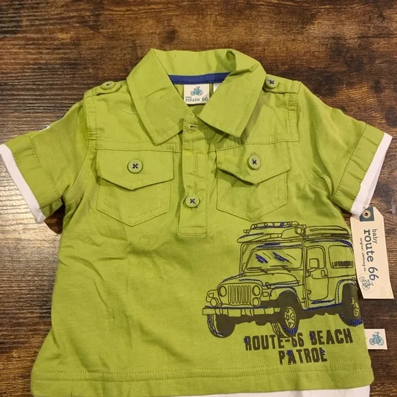 Baby‎ Boys Route 66  Button Short Sleeve Shirt Top Beach Patrol New Size 3-6 MO